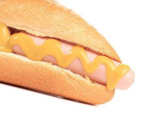 Close up of grilled hotdog with mustard.