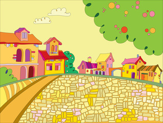 a vivid illustration of the town square and colorful houses