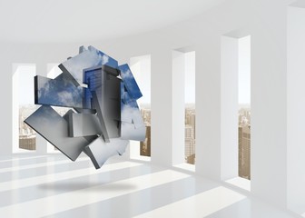 Composite image of server tower on abstract screen