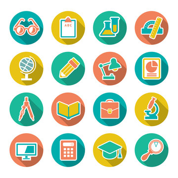 Set flat icons of school and education with long shadow