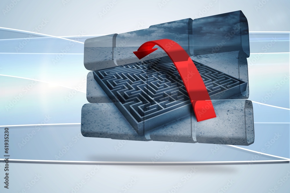 Poster Composite image of arrow over maze on abstract screen