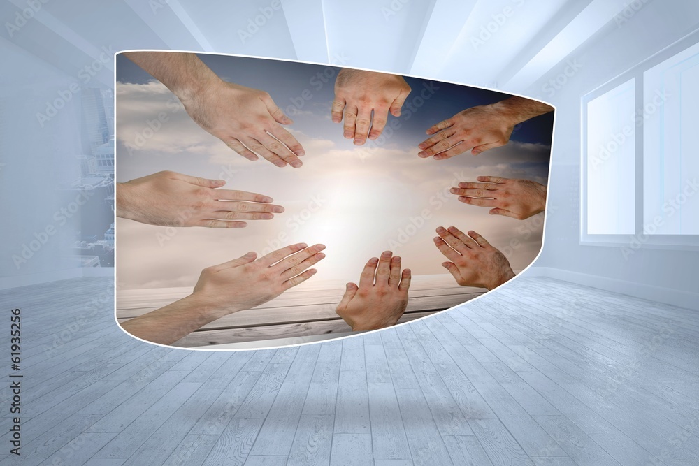 Poster Composite image of hands together on abstract screen
