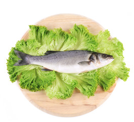Fresh seabass fish on lettuce.