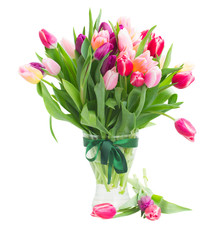 pink and violet tulips bouquet in vase