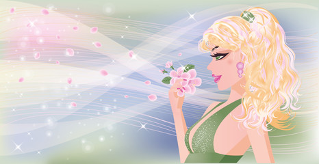 Obraz na płótnie Canvas Spring banner with sexy girl, vector illustration