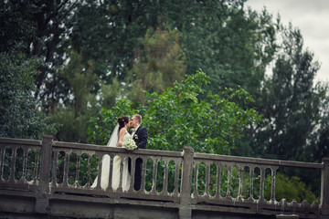 Obraz premium Happy bride and groom at a wedding a walk on bridge