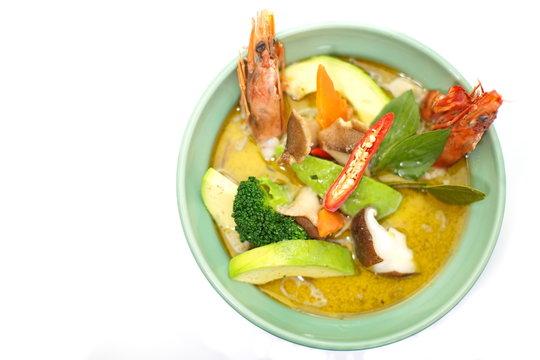 Thai food green curry with shrimp and vegetables
