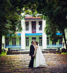 wedding. couple kissing on the background