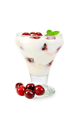 Yogurt thick with cherry in glass sundae dish