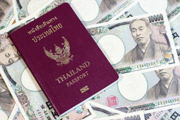 Thailand passport on the Japanese banknotes