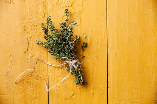 Bunch of fresh thyme on yellow background