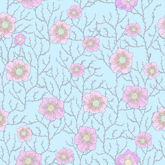 Seamless texture with twigs and pink flowers