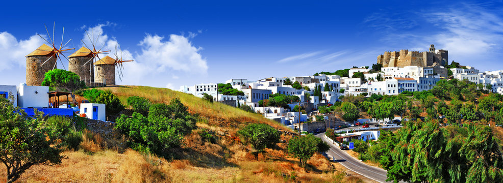 Fototapeta panorama of scenic Patmos island. view of Chora and windmills ,