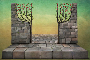 Background or illustration with apple trees.