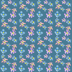 Seamless floral pattern texture on blue dotted background