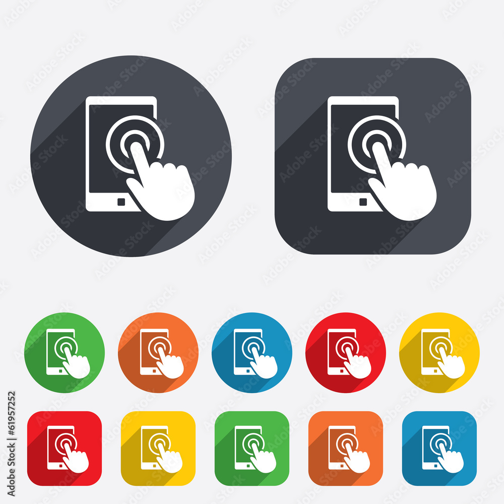 Poster touch screen smartphone sign icon. hand pointer