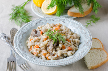 Barley porridge with meat and vegetables
