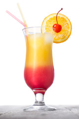 Tequila sunrise cocktail on wooden surface and white background.