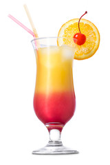Tequila sunrise cocktail on white background. 