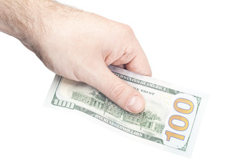 male hand holding 100 dollars isolated on white background