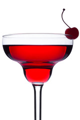 Red cocktail with maraschino cherry on white background