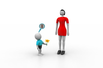 Small 3d man proposing the taller woman