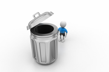 3d small person standing next to a trash can