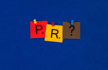 PR, sign series for business and public relations.