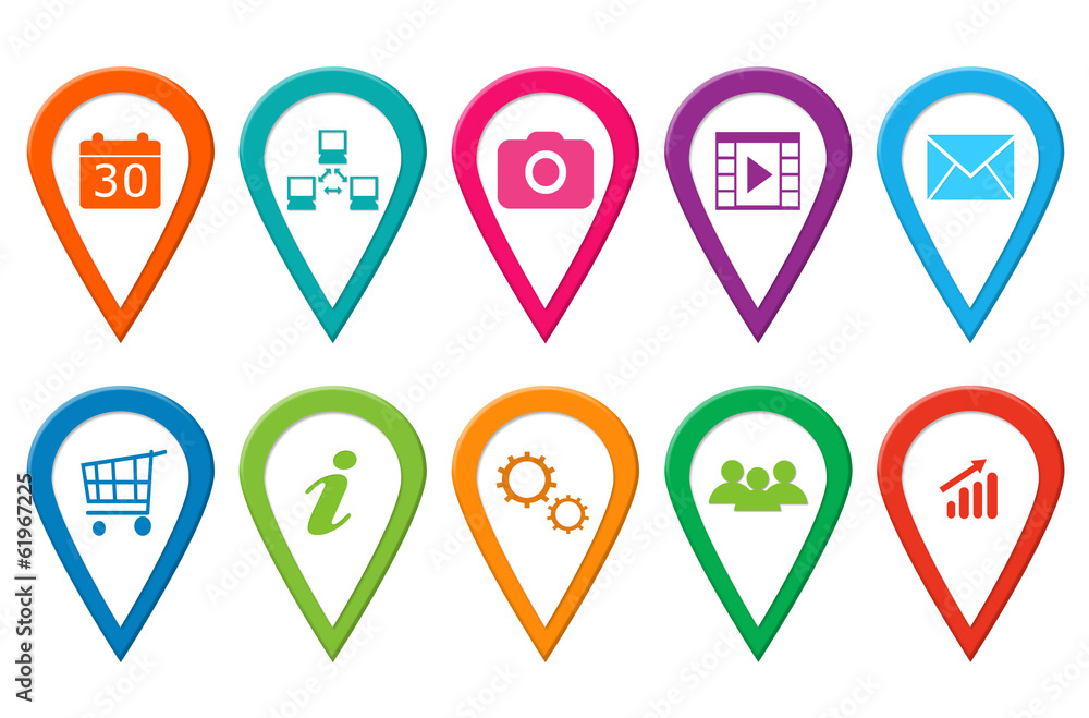 Poster set of icons for web, markers on maps or design