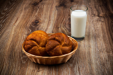 Bread and a glass of milk on the wooden table