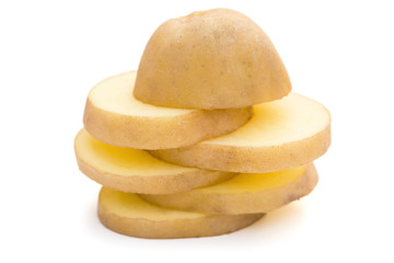 slices of potato stack up on white with clipping path