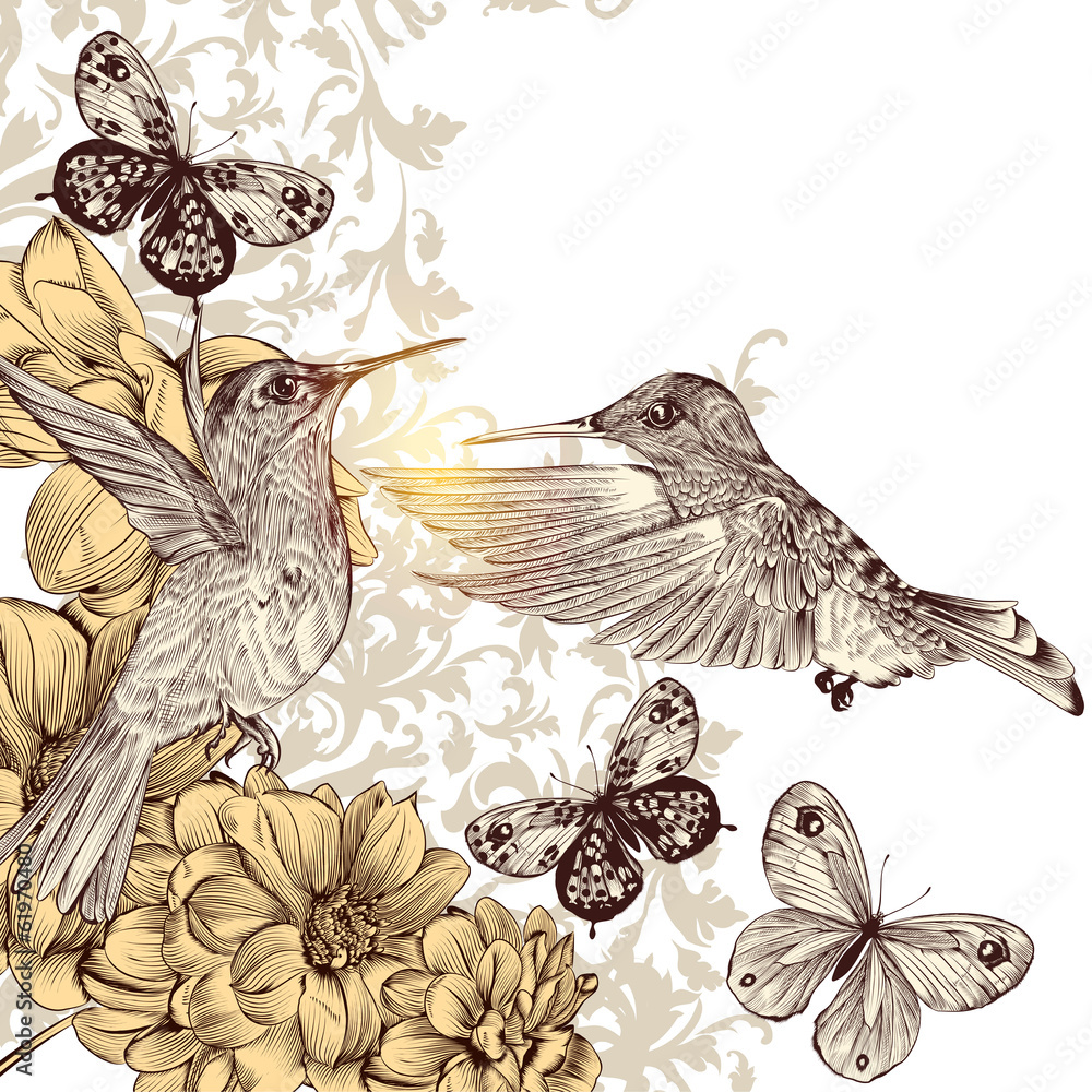 Poster cute vector pattern with birds and butterflies