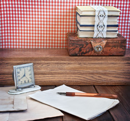 Vintage table with stationery and hours