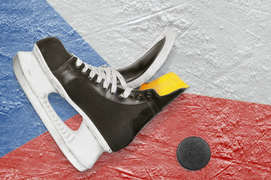 Puck, skates and Czech flag