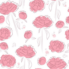 Elegance seamless pattern with with peony flowers on white