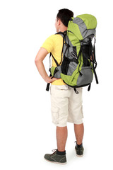 male hiker with backpack shoot from behind