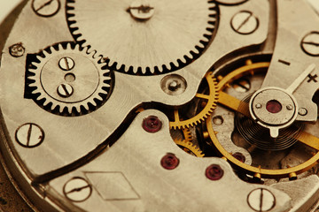 Clockwork details, pinions and wheels closeup