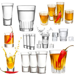 Collage of alcohol drinks. Vodka isolated on white