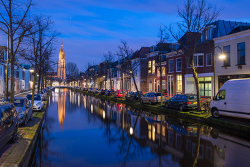 Fototapeta na wymiar Tranquil evening by the canal in the city of Delft, The Netherla