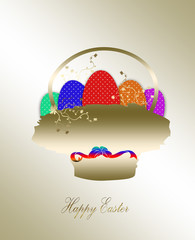 Fototapeta premium Colorful Easter eggs in a little basket. Easter gold background