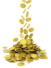 Falling golden coin - isolated on white