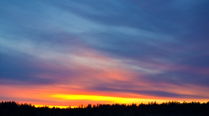 Sunset in winter at low temperature