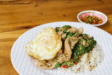 Thailand traditional food, spicy basil fried rice with pork and