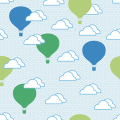 Fototapeta premium Seamless pattern of hot air balloons and clouds in the sky