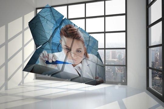 Composite image of scientist on abstract screen