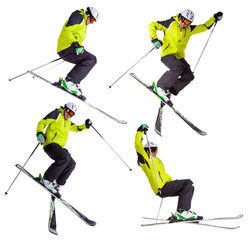 Collection of skier jumping freeride tricks on white background