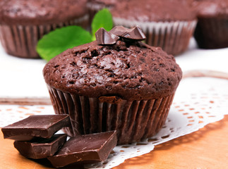 Homemade delicious chocolate muffin close-up