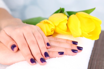 Beautiful woman hands with flowers on bright background