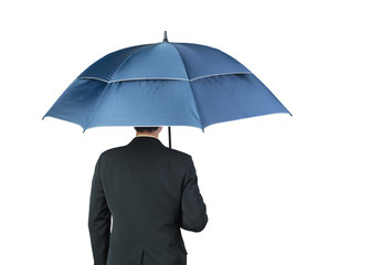 Businessman and umbrella on white background