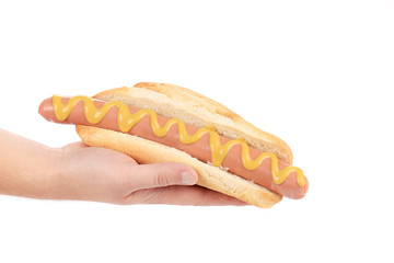 Hotdog with mustard in hand.